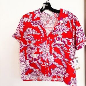 Calligraphie Linen Red and Purple‎ Women's Top